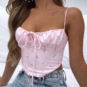 White Fox Boutique Pink Floral Satin Ruched Crop Cami